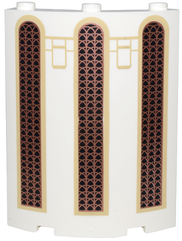 30562pb093 | Cylinder Quarter 4 x 4 x 6 with Black Narrow Arched Windows with Copper Lattice Screens and Tan Frames Pattern | LEGOPART
