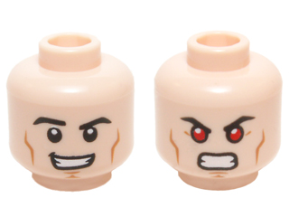 3626pb1470 | Minifigure, Head Dual Sided Black Eyebrows, Cheek Lines, Chin Dimple, Open Mouth Smirk / Bared Teeth with Red Eyes Pattern | LEGOPART