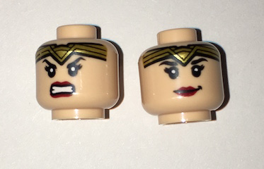 3626pb1563 | Minifigure, Head Dual Sided Female Gold Tiara, Black Eyebrows, Eyelashes, Red Lips, Lopsided Smile / Angry Pattern | LEGOPART