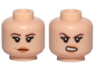 3626pb1657 | Minifigure, Head Dual Sided Female Dark Brown Eyebrows, Black Eyelashes, Nougat Lips, Neutral with Dimple / Open Mouth Scowl with Teeth Pattern | LEGOPART
