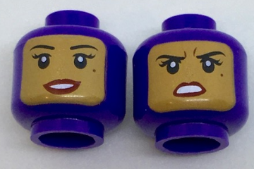 3626pb1764 | Minifigure, Head Dual Sided Female Balaclava with Medium Nougat Face, Black Eyebrows, Eyelashes, Beauty Mark, Dark Red Lips, Open Mouth Smile with Teeth / Concerned Pattern | LEGOPART