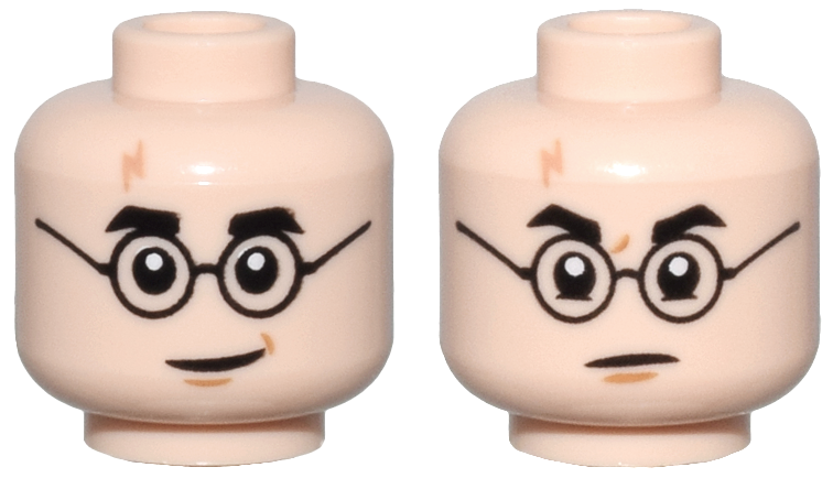 3626pb2413 | Minifigure, Head Dual Sided Black Eyebrows and Glasses, Medium Nougat Lightning Scar and Chin Dimple, Grin / Stern Pattern | LEGOPART