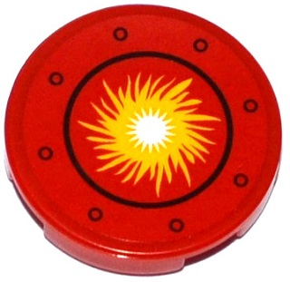 14769pb016 | Tile, Round 2 x 2 with Bottom Stud Holder with Yellow Fire Ball in Black Circle and Rivets Pattern | LEGOPART