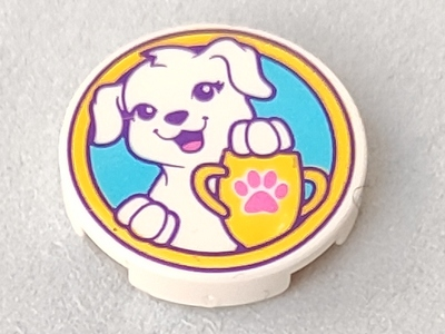 14769pb179 | Tile, Round 2 x 2 with Bottom Stud Holder with Puppy Dog, Yellow Trophy with Dark Pink Paw Print on Medium Azure Background Pattern | LEGOPART