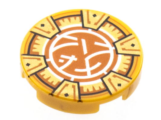 14769pb501 | Tile, Round 2 x 2 with Bottom Stud Holder with Gold Frame with 6 Chevrons, Dark Orange and White Core Logo Pattern | LEGOPART