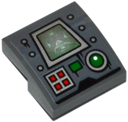 15068pb080 | Slope, Curved 2 x 2 x 2/3 with Silver Screen, 4 Red Buttons, Green Button, Green Light and 6 Rivets Pattern | LEGOPART