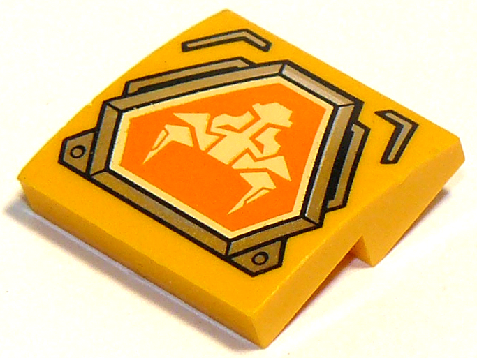 15068pb105 | Slope, Curved 2 x 2 x 2/3 with Bright Light Yellow Bull Head on Orange Hexagonal Shield with Silver Border Pattern | LEGOPART