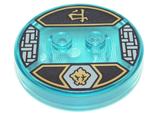 18605c01pb12 | Dimensions Toy Tag 4 x 4 x 2/3 with 2 Studs and Trans-Light Blue Bottom with Gold Stone Gorilla Head in Light Bluish Gray Hexagon and Ninjago Logogram | LEGOPART