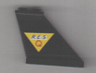 2340pb015R | Tail 4 x 1 x 3 with Black 'R.E.S.' and Red 'Q' on Yellow Triangle Pattern Model Right Side | LEGOPART