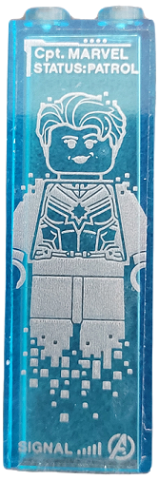 2454pb290 | Brick 1 x 2 x 5 with Silver 'Cpt. MARVEL', 'STATUS:PATROL', 'SIGNAL', Avengers Logo and Captain Marvel Minifigure Pattern | LEGOPART