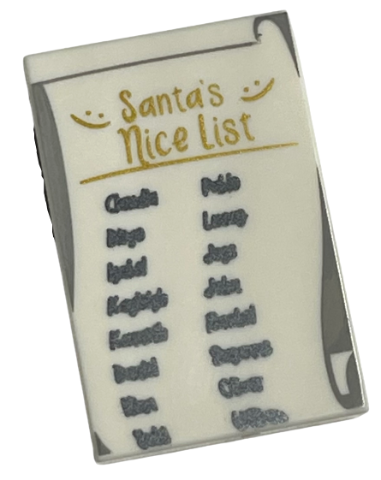 26603pb183 | Tile 2 x 3 with Gold 'Santa's Nice List' and Black Names Pattern | LEGOPART