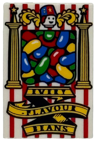 26603pb547 | Tile 2 x 3 with HP Bertie Bott's Beans Box with Green, Blue, Red and Yellow Jelly Beans, Pillars, Stripes and 'EVERY-FLAVOUR BEANS' on Banner Pattern | LEGOPART