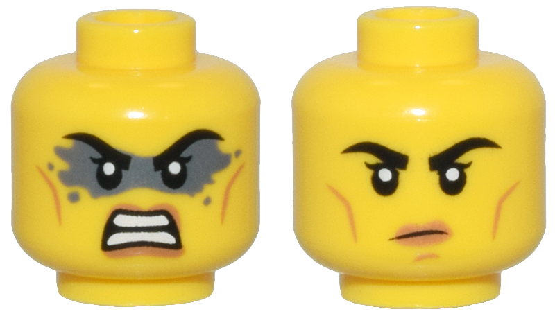 28621pb0197 | Minifigure, Head Dual Sided Female Black Eyebrows, Medium Nougat Lips and Cheek Lines, Dark Bluish Gray Face Paint, Angry / Closed Mouth Frown Pattern - Vented Stud | LEGOPART