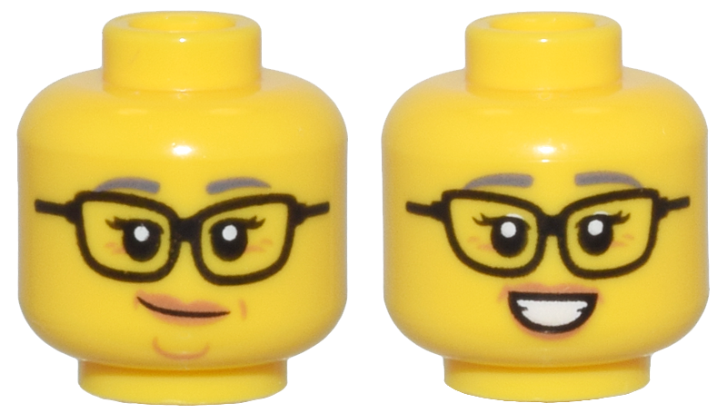 28621pb0198 | Minifigure, Head Dual Sided Female Black Glasses, Dark Bluish Gray Eyebrows, Medium Nougat Lips and Wrinkles, Smirk / Smile Pattern - Vented Stud | LEGOPART