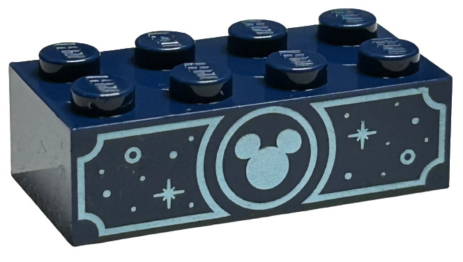 3001pb198 | Brick 2 x 4 with Metallic Light Blue Mickey Mouse Head, Circles and Sparkles Pattern on Both Sides | LEGOPART