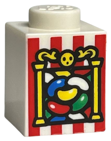 3005pb051 | Brick 1 x 1 with Jelly Beans, Yellow Pillars, and Red Stripes Pattern | LEGOPART