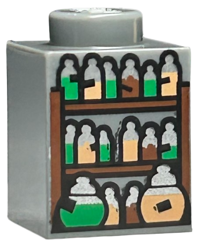 3005pb062 | Brick 1 x 1 with Shelves and Potion Bottles with Black Labels, Silver Tops, and Green, Nougat, and Reddish Brown Contents Pattern | LEGOPART