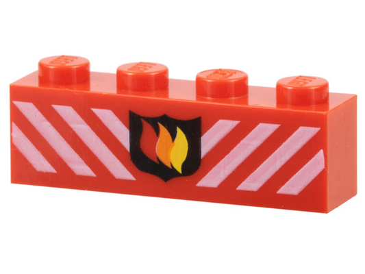 3010pb009 | Brick 1 x 4 with Fire Logo Badge and White Danger Stripes Pattern | LEGOPART