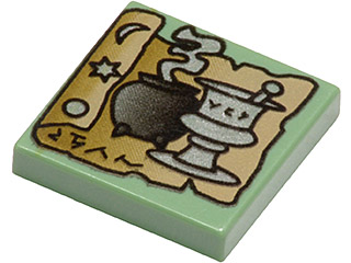 3068pb0014 | Tile 2 x 2 with HP Tan Scroll, Black Cauldron and Silver Mortar and Pestle Pattern | LEGOPART