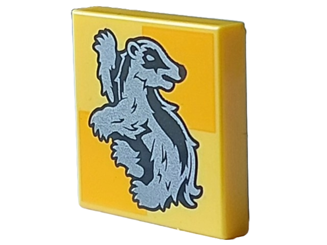 3068pb2360 | Tile 2 x 2 with Silver Hufflepuff Crest on Bright Light Orange Squares Pattern | LEGOPART