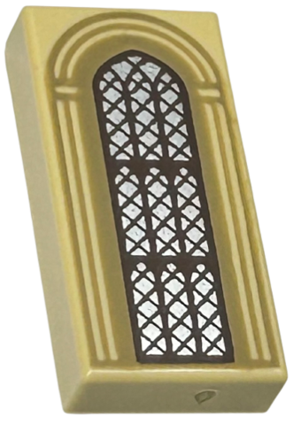 3069pb1190 | Tile 1 x 2 with Silver Arched Window with Dark Brown Lattice and Dark Tan Arches Pattern | LEGOPART