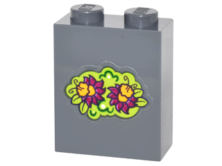 3245cpb041 | Brick 1 x 2 x 2 with Inside Stud Holder with Magenta and Bright Light Orange Flowers and Lime Leaves Pattern | LEGOPART