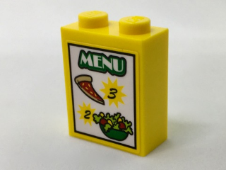 3245cpb052 | Brick 1 x 2 x 2 with Inside Stud Holder with 'MENU', '2', '3', Pizza Slice and Salad Pattern | LEGOPART