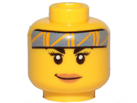 3626cpb2618 | Minifigure, Head Female Black Eyebrows, Medium Nougat Lips, Sand Blue Headband with Bright Light Orange Stripes, Smile Pattern - Hollow Stud | LEGOPART