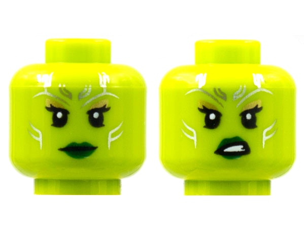 3626cpb2859 | Minifigure, Head Dual Sided Alien Female Silver Tattoos, Gold Eye Shadow, Dark Green Lips, Neutral / Sneer Pattern - Hollow Stud | LEGOPART