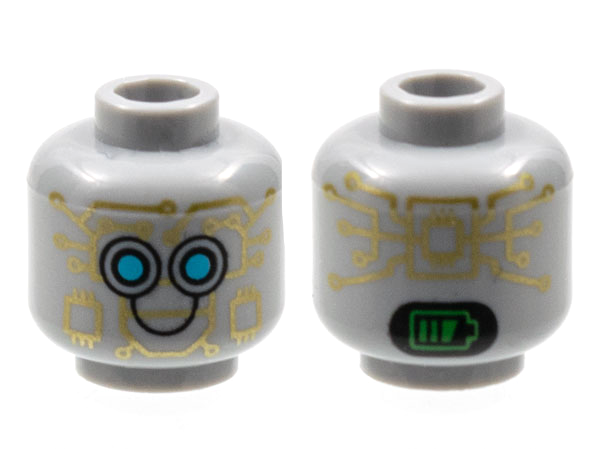 3626cpb2957 | Minifigure, Head Alien Robot with Gold Circuitry, Medium Azure Eyes, Black Smile, and Bright Green Battery Indicator on Back Pattern - Hollow Stud | LEGOPART