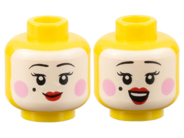 3626cpb3183 | Minifigure, Head Dual Sided Female White Face, Black Eyebrows, Beauty Mark, Bright Pink Circles on Cheeks, Red Lips, Grin / Open Mouth Smile with Top Teeth Pattern - Hollow Stud | LEGOPART