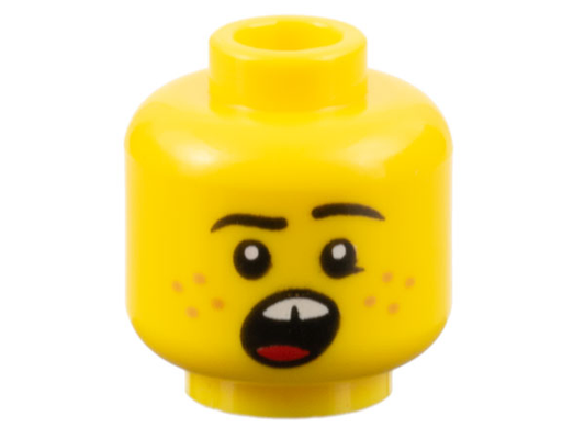 3626cpb3184 | Minifigure, Head Black Eyebrows, Medium Nougat Freckles, Open Mouth with Gap in Teeth, Red Tongue Pattern - Hollow Stud | LEGOPART