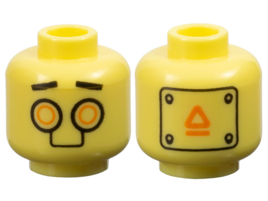 3626pb3580 | Minifigure, Head Alien Robot Black Straight Eyebrows, Orange Circle Eyes, Warning Panel on Back Pattern | LEGOPART