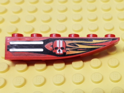 42023pb007L | Slope, Curved 6 x 1 Inverted with Black and Orange Flames and Red Skull with White Stripes Pattern Model Left Side | LEGOPART