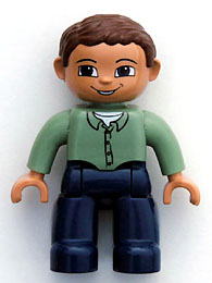 Duplo Figure Lego Ville, Male, Dark Blue Legs, Sand Green Top with Buttons, Reddish Brown Hair, Brown Eyes LEGO 47394pb036 | Fyrebrick.be