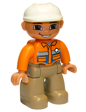 Duplo Figure Lego Ville, Male, Dark Tan Legs, Orange Shirt, Brown Eyes, White Construction Helmet, White Button LEGO DUPLO 47394pb102