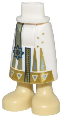 59595c00pb21 | Mini Doll Hips and Skirt Long with Molded Tan Legs and Printed Gold Hem with Tan Triangles, Metallic Light Blue Strap and Star Emblem Pattern - Thick Hinge | LEGOPART