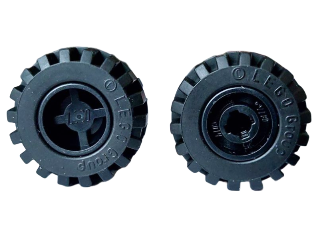 6014bc05 | Wheel 11mm D. x 12mm, Hole Notched for Wheels Holder Pin with Black Tire 21mm D. x 12mm - Offset Tread Small Wide, Band Around Center of Tread | LEGOPART