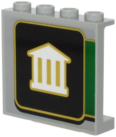 60581pb136 | Panel 1 x 4 x 3 with Side Supports - Hollow Studs with White Bank Logo with Gold Outline on Black Background Pattern | LEGOPART