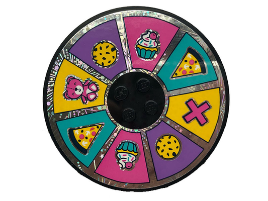 6177pb016 | Tile, Round 8 x 8 with 4 Studs in Center with Wheel of Fortune with Pizza, Cookie, Cupcake and Bear Pattern | LEGOPART