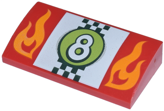 88930pb039 | Slope, Curved 2 x 4 x 2/3 with Bottom Tubes with Orange Flames, White Number 8 in Lime Circle over Checkered Flag Pattern | LEGOPART