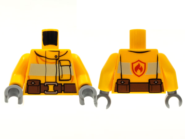 973pb1011c01 | Torso Fire Suit with Stripe and Brown Utility Belt and Fire Logo on Back Pattern / Bright Light Orange Arms / Dark Bluish Gray Hands | LEGOPART