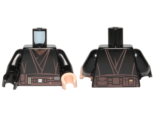 973pb1058c01 | Torso SW Jedi Robe, Dark Brown Belt with Pouches, Silver Buckle, Reddish Brown Shirt Pattern / Black Arms / Light Nougat Hand Left / Black Hand Right | LEGOPART