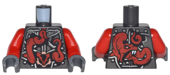 973pb2610c01 | Torso Ninjago Metallic Silver Armor with Clock and Large Red Snake with White Fangs on Back Pattern / Red Arms / Dark Bluish Gray Hands | LEGOPART