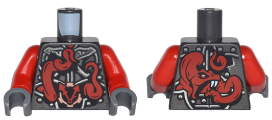 973pb2610c01 | Torso Ninjago Metallic Silver Armor with Clock and Large Red Snake with White Fangs on Back Pattern / Red Arms / Dark Bluish Gray Hands | LEGOPART