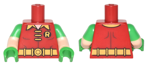 973pb2625c01 | Torso Batman 'R' Symbol, 3 Yellow Clasps and Collar and Belt Pattern / Light Nougat Arms with Molded Bright Green Short Sleeves Pattern / Bright Green Hands | LEGOPART