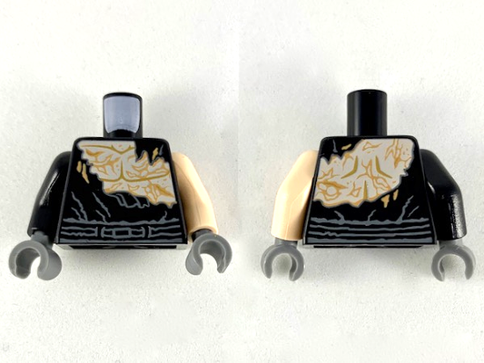 973pb2743c01 | Torso Ripped Shirt with Light Nougat Skin with Scars Front and Back Pattern / Light Nougat Arm Left / Black Arm Right / Dark Bluish Gray Hands | LEGOPART