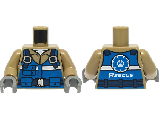 973pb4353c01 | Torso Blue Vest with Pockets, White Stripe, Dark Blue Belt with Buckle, Wildlife Rescue Logo on Back Pattern / Dark Tan Arms / Dark Bluish Gray Hands | LEGOPART