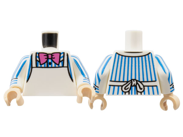 973pb4695c01 | Torso Shirt with Blue Pinstripes, Dark Pink Bow Tie, White Apron Pattern / White Arms with Blue Pen Stripes, Cuff Pattern / Light Nougat Hands | LEGOPART