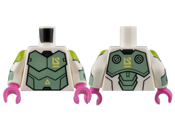 973pb4969c01 | Torso Armor Sand Green Breastplate, Bright Light Yellow Triangle and Logo Pattern / White Arms with Lime and Sand Green Armor Pattern / Dark Pink Hands | LEGOPART